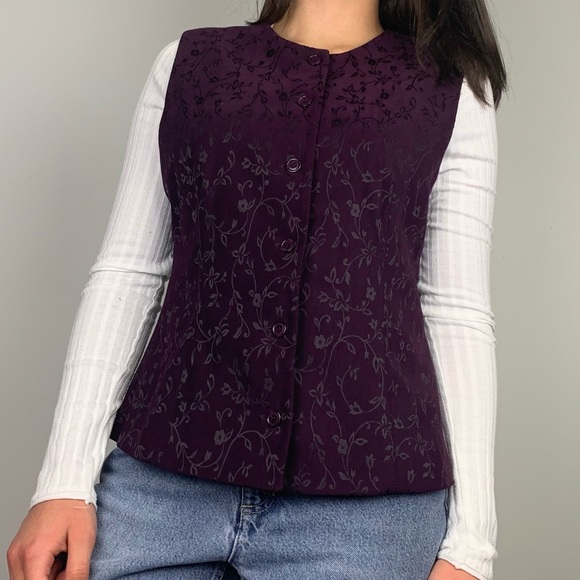 Vintage 80s 90s Deep Purple Floral Jacquard Suit Vest Casual Corner - Picture 5 of 14